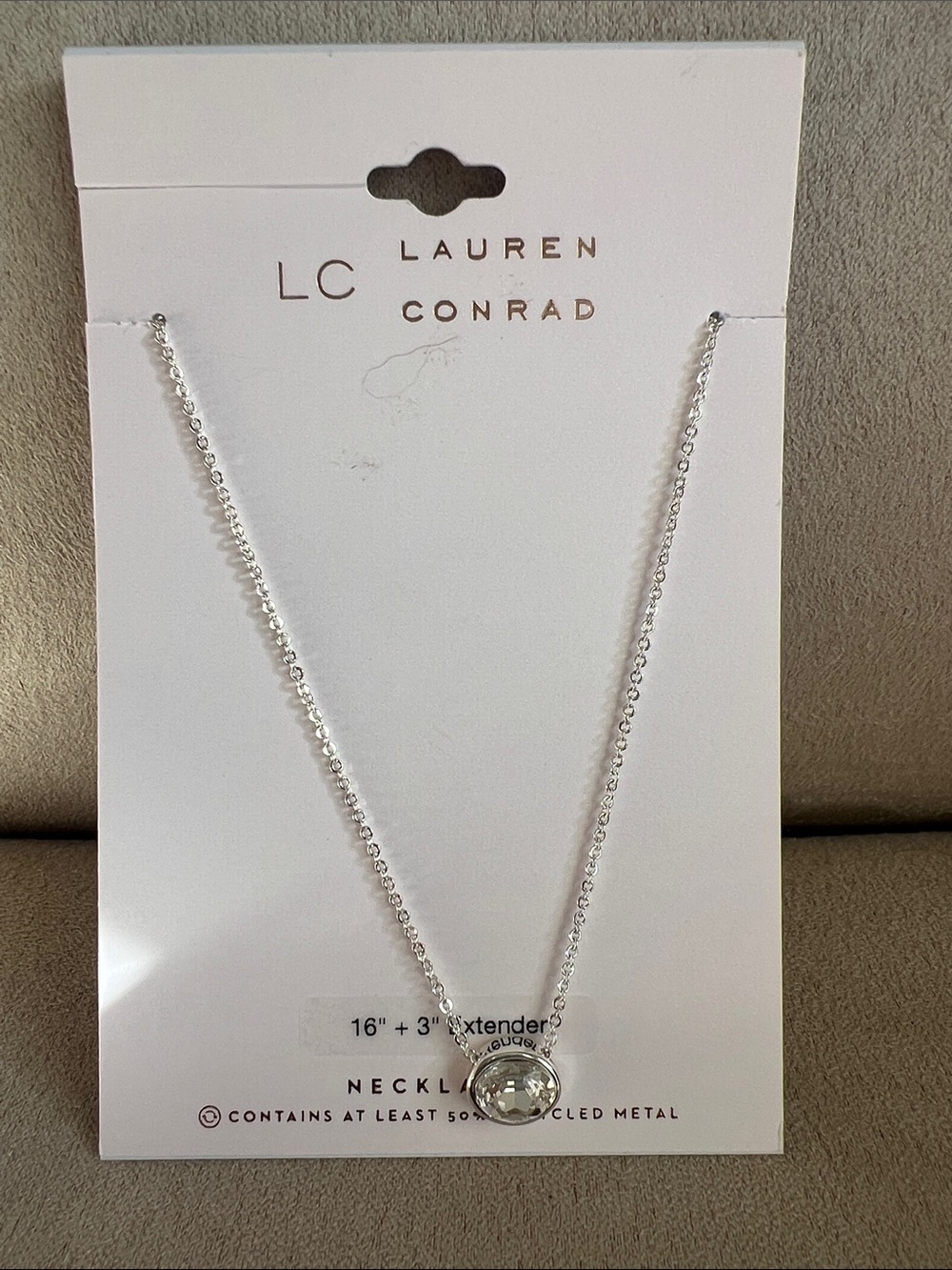 NWT LC Lauren Conrad Silver Necklace with Clear Stone Pendant - 16"